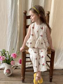 LMoss Kids LMoss  2pcs Set Young Girl Ditsy Floral Round Neck Ruffle Trim Tank Top And Loose Casual Pants Sisters Outfit,Suitable For Spring And Summer - Multicolor - View 4