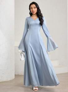 Veilorie 女士纯色阿拉伯风格长袖连衣裙，适合夏季的简约时尚 - 藍色 - 查看 4