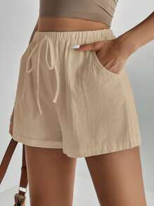 SHEIN Tall 素色斜口袋前打結佛羅里達短褲，高個女性適用 - 卡其色 - 查看 3