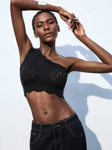 Maija Parte superior de chaleco minimalista y sexy de color negro para mujer, top corto de punto texturizado sin mangas adecuado para vacaciones de verano