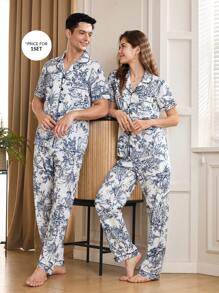 Manfinity Chinese Style Figure & Landscape Print Men Short Sleeve Sleeve Pajama Set With Collar - Multicolor - View 3