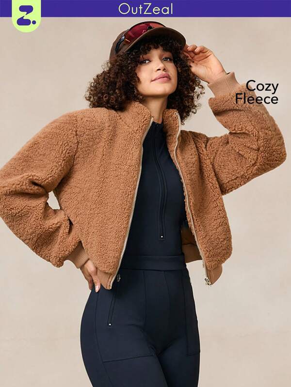 OutZeal AeroHeat Fleece Cropped Zipper Long Sleeve With Side Pockets Women Coat Winter