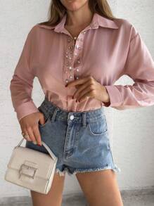 EURMUSE Women's Solid Rhinestone Elegant Blouse - White - View 5