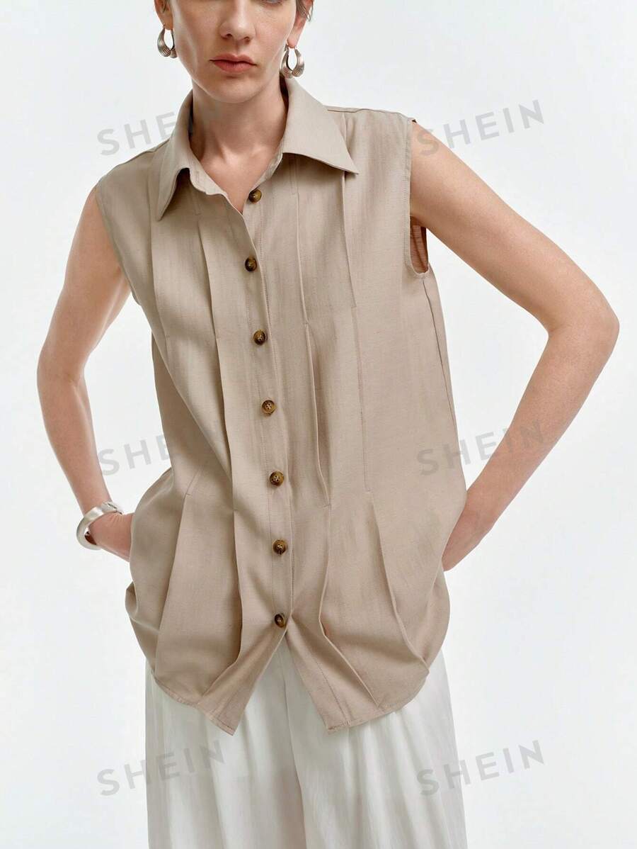 Aalyst Neue Design elegante ärmellosenLässige Vintage Bluse - Khaki - Übersicht 1