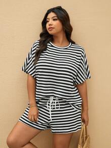Elaquor Set da 2 pezzi composto da blusa a pipistrello a righe e pantaloncini, abbigliamento casual da resort, taglie forti