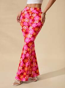 SHEIN PETITE Women's Elastic Printed Flare Pants, Simple & Fashionable, Suitable For Summer - Multicolor - View 7