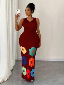 Maweii Plus Size Women Floral Print Crew Neck Dress - Red - View 4