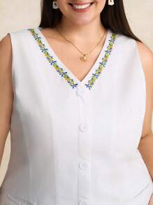 SHEIN Clasi 大码女式花卉刺绣单排扣V领无袖连衣裙 夏季女装 休闲女装 春夏女装 伊比沙岛锐舞派对服装 乡村音乐会服装 纳什维尔音乐节服装 度假服装 女士婚礼礼服 婚礼宾客礼服 订婚礼服 婚礼宾客礼服 晚礼服 - 白色 - 查看 8