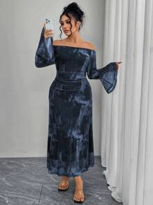 Modelyn Women Plus Size Off-The-Shoulder Flared Long Sleeve Ruched Tie-Dye Print Ruffle Bodycon Mermaid Elegant Fashion Dress Fall Cloth For Women