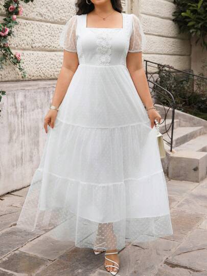 Reflora Curve 加大码女式白色浪漫优雅方领短袖泡泡袖收腰 A 字型长款蕾丝连衣裙、女式婚礼宾客礼服、女式礼服、毕业礼服、白色礼服优雅、女式音乐会服装、白色毕业礼服、女式夏季服装、女式夏季礼服、舞会礼服、夏季服装、女式春季礼服、夏季礼服、女式夏季服装、外出、女式节日服装、女式夏季服装、茶会服装、褶皱礼服、订婚礼服、婚礼宾客礼服、女式度假服装、女式长裙、飘逸礼服、蕾丝礼服、女式优雅礼服、女式奢华礼服、女式优雅正式礼服