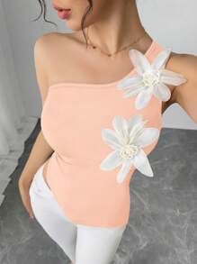 SHEIN Unity Sexy Elegant Chic Floral Asymmetric Shoulder Form-Fitted T-Shirt With Side Ruched Waist - Pink - View 5