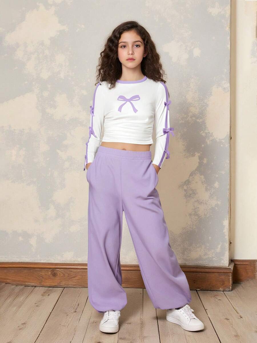 SHEIN 2pcs Set Young Girls Casual Outfit, Long Sleeve Top With Bow Decor & Woven Jogger Pants, Suitable For Spring/Autumn - Multicolor - View 1