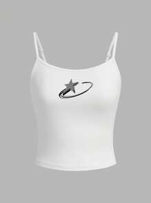 Attitoon Star Pattern Punk Style Soft & Comfortable 95% Cotton Fitted Camisole, Suitable For Spring/Summer, Retro - White - View 5