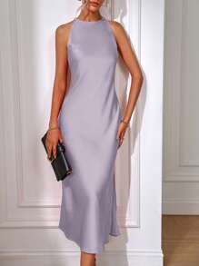 SHEIN Clasi 女士纯色无袖休闲派对连衣裙，夏季长款女士服装 - 淡紫色 - 查看 3