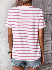 SHEIN LUNE Casual Minimalist Pink Striped Heart Pattern Round Neck Short Sleeve Loose Women T-Shirt, Suitable For Summer