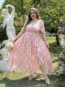 Lyrianda Vestido de fiesta estilo princesa de talla grande con cuello cuadrado y estampado floral pequeño en rosa pálido, con detalles de encaje retro, cintura ceñida y mangas abullonadas para mujeres, ideal para San Valentín, con motivos de rosas, corazones, lunares, amor, labios y Cupido