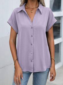EMERY ROSE Plain Front Button Casual Short Sleeve Shirt, Versatile For Summer - Mauve Purple - View 7