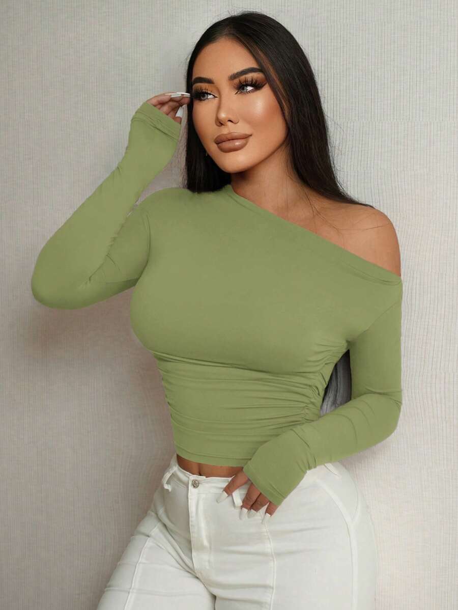 SHEIN SXY 女士纯色不对称领长袖修身弹力 T 恤