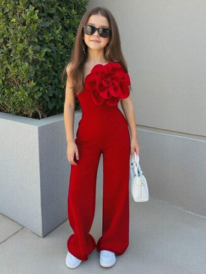 Firerie Kids Firerie Kids Nova Glow Tween Girl 休闲优雅红色不对称肩部修身简约 3D 花卉装饰连体裤，适合派对、聚会、婚礼、春夏季