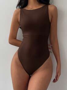 SHEIN BASICS Casual Solid Color Knitted Backless Bodysuit For Women Summer Outfit For Women - Brown - View 2