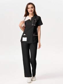TaskEZ Contrast Color V-Neck Short Sleeve Top And Pants Scrub Uniform Set - Black - View 8
