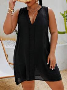 Swim Lushoire Plus Size Vacation Sleeveless Collared Cover Up For Summer