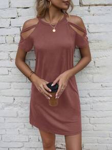 SHEIN LUNE 夏季纯色露肩休闲连衣裙新年衣服 - 藕粉色 - 查看 3