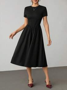 SHEIN PETITE Women's Solid Color Round Neck Short Sleeve Cinched Waist Elegant Long Dress,Summer Dresses For Women - Black - View 9