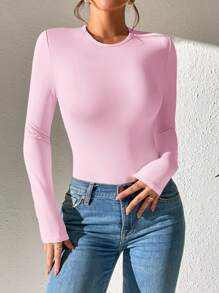 SHEIN PETITE Solid Slim Fit Spring Women Bodysuit Pink