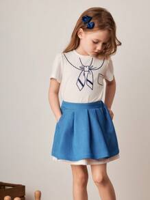 PrepCrw Young Girls' Blue Pleated Mini Skirt, Preppy Style For Spring/Summer - Blue - View 6