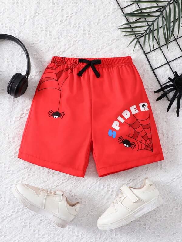 SHEIN Summer,Holiday,TravelerYoung Boy Spider Web Print Casual Shorts, Summer