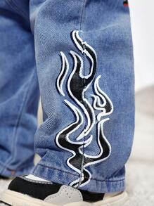 SHEIN Pantalones vaqueros casuales de vestir holgados con estampado de llama y letras para bebé niño - Lavado ligero - Ver 7