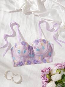 SHEIN 1 件女士刺绣钢圈性感内衣文胸，简约时尚，适合夏季性感内衣外穿 - 紫色 - 查看 7