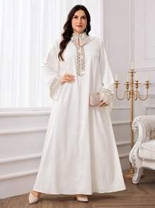 Al Najma Große Größen Damen elegantes Pailletten Patchwork Langarm Arabischer Stil Kleid, Luxus Kleid für Frauen, Islamisches Kleid für Frauen, dezent