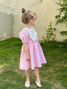 LMoss Kids LMoss   Young Girl's Woven Color Blocking Ruffle Puff Sleeve Snug Fit Dress Sisters Outfit,Suitable For Spring And Summer Cute Matching Outfit Suitable For Spring And Summer - Pink - View 8