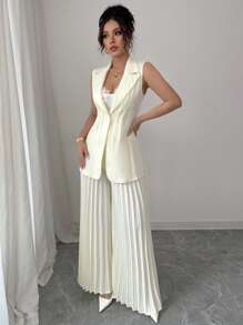 Elenzga Tailored Jacket With Cinched Waist And Pleated Wide Leg Design Suit Set - Apricot - View 5