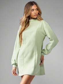MISSGUIDED Cozy Loopback Sweater Mini Dress High Neck Long Sleeve Winter Fall Comfort Casual Day Style Ribbed Cuff Hem Christmas - Green - View 1