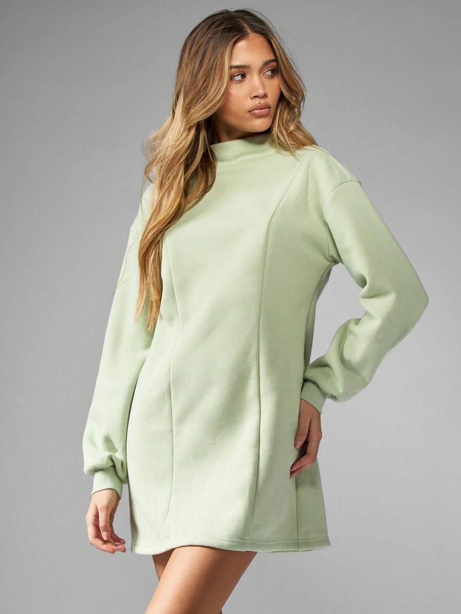 MISSGUIDED Cozy Loopback Sweater Mini Dress High Neck Long Sleeve Winter Fall Comfort Casual Day Style Ribbed Cuff Hem Christmas - Green - View 1