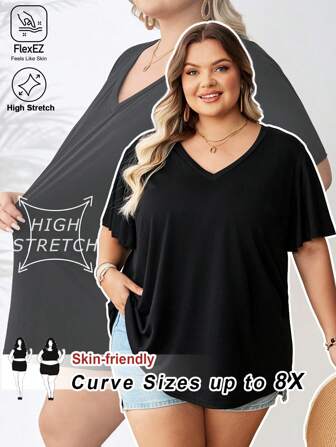 SHEIN CURVE+ 大码女式大码荷叶袖上衣 T 恤，适合海滩度假和波西米亚风度假