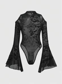 ROMWE Goth 女式复古哥特式植绒和网眼拼布腰部紧身衣 - 黑色 - 查看 7