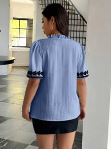 Calvaya Plus Size Summer Casual Contrast Color Ruffle Collar Blouse - Baby Blue - View 2