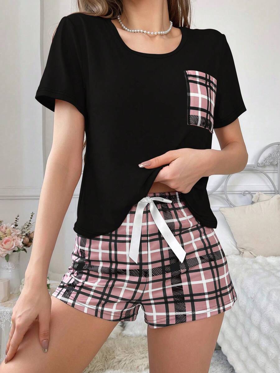 2pcs Plaid Print Pocket Pajamas Set - Plaid Shorts - Black - View 1