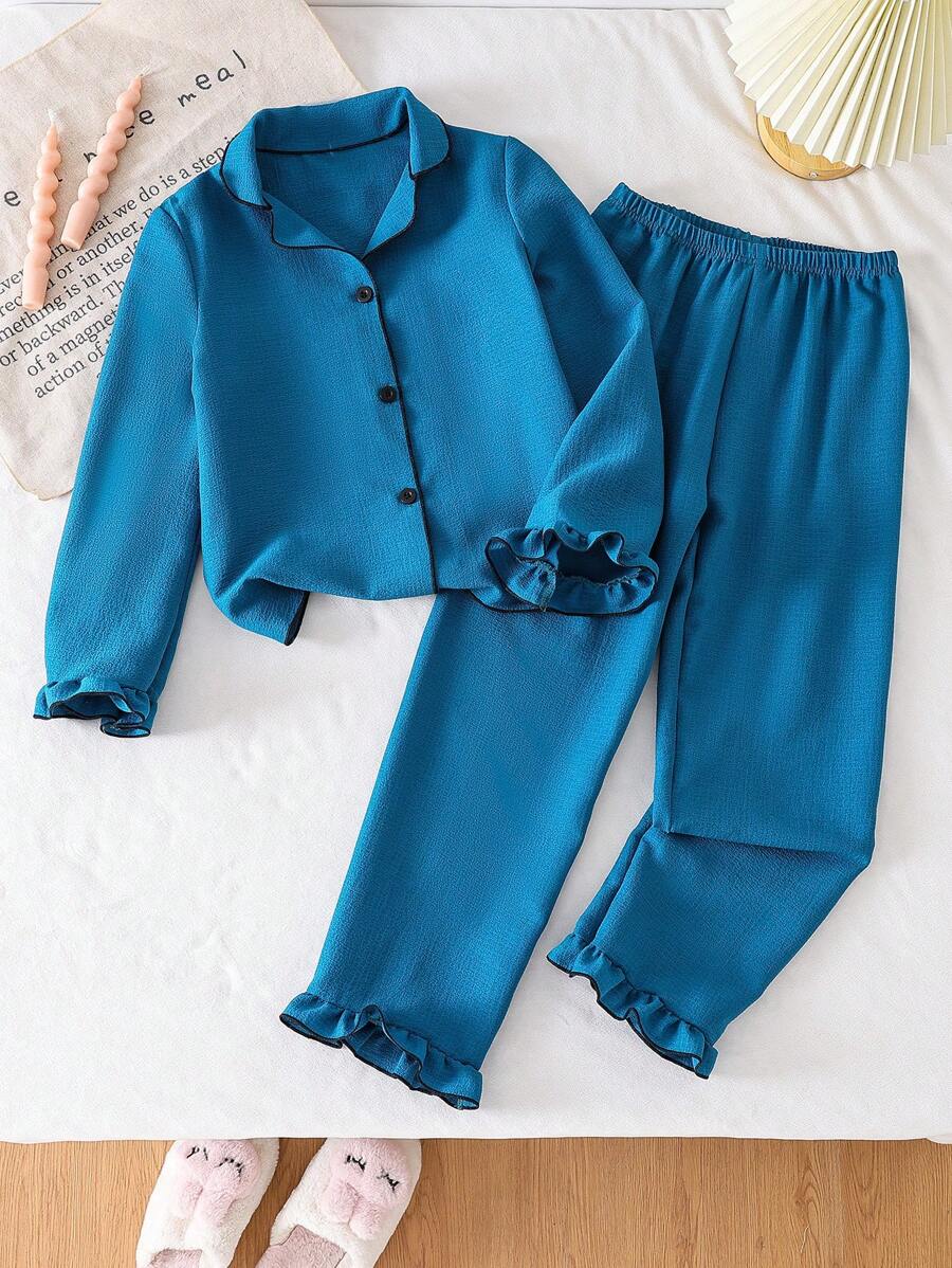 2 件套青少年女孩蓝色带黑色装饰休闲荷叶边领长袖上衣和裤子舒适家居服套装 - 藍色 - 查看 1