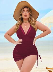 Swim Lushoire Váy lưới vá một mảnh có thể điều chỉnh cỡ lớn phong cách - Màu Đỏ Sâu - Xem 8