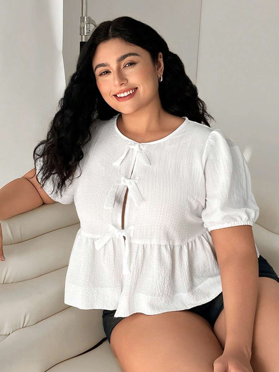 Solflare 大码复古衬衫，配彼得潘领、泡泡袖和自系腰带