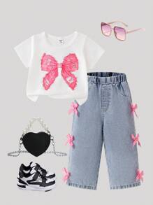 SHEIN Playful Pals 女婴夏季休闲可爱粉色蝴蝶结印花短袖上衣和牛仔裤套装，带多个丝带蝴蝶结装饰，韩版风格 - 白色 - 查看 3