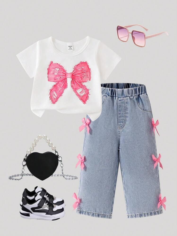 طقم ملابس علوية اكمام قصيرة وبنطال جينز مزين بالفي...