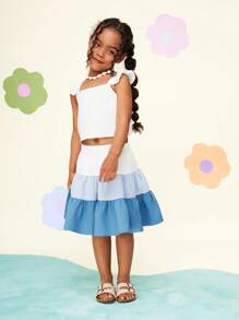 CutesyCutie  2pcs Set: Woven Solid Color Ruffle Trim Camisole Top + Woven Contrast Color Mini Skirt For Young Girls - Multicolor - View 8