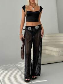 SHEIN EZwear Women's Solid Color Mesh  Seathough Pants, Concert Outfit Women,Western Women Outfits