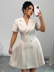 Elenzga Plus Size Women's Spring & Summer French Commuting Elegant Tea Party Vacation Collared V-Neck Double-Breasted Fitted Waist A-Line Mini Dress With Short Sleeves